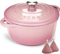 Overmont 5.5QT Enamelled Cast Iron Round Casserole Pot With Lid Cookbook & Cotton Potholders - Non-stick Dutch Oven Cookware for Braising, Stews, Roasting, Bread Baking - Pink, 26cm