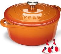 Overmont 26cm/5.2L Enamelled Cast Iron Round Casserole Pot With Lid Cookbook & Cotton Potholders - Non-stick Dutch Oven Cookware for Braising, Stews, Roasting, Bread Baking - Pumpkin, 26cm