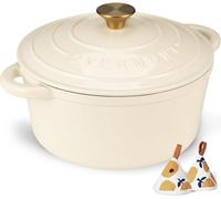 Overmont 26cm/5.2L Enamelled Cast Iron Round Casserole Pot With Lid Cookbook & Cotton Potholders - Non-stick Dutch Oven Cookware for Braising, Stews, Roasting, Bread Baking - Cream white, 5.5QT