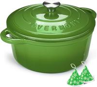 Overmont 5L Enamelled Cast Iron Round Casserole Pot With Lid Cookbook & Cotton Potholders - Non-stick Dutch Oven Cookware for Braising, Stews, Roasting, Bread Baking - Green, 26cm