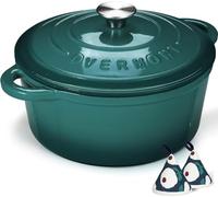 Overmont 5.5QT Enamelled Cast Iron Round Casserole Pot With Lid Cookbook & Cotton Potholders - Non-stick Dutch Oven Cookware for Braising, Stews, Roasting, Bread Baking - Bottle green, 26cm