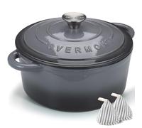 Overmont 26cm/5.2L Enamelled Cast Iron Round Casserole Pot With Lid Cookbook & Cotton Potholders - Non-stick Dutch Oven Cookware for Braising, Stews, Roasting, Bread Baking - Grey, 5.5QT