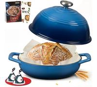 Overmont Enameled Cast Iron Bread Oven - 6QT Dutch Oven for Sourdough Bread Baking - with Dome Lid Cotton Potholders & Cookbook -Multi-Functional Bread Pan For Baking Frying Roasting,Blue