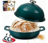 Overmont 26cm Enameled Cast Iron Bread Oven - 6QT Dutch Oven Pot for Sourdough Bread Baking - Dome Lid, Cotton Potholders & Cookbook Included, Multi-Functional for Baking,Bottle green