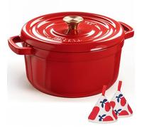 Overmont 26cm Enameled Cast Iron Dutch Oven - 5L Pot with Lid Cookbook & Cotton Potholders - Heavy-Duty Cookware for Braising, Stews, Roasting, Bread Baking burgundy, Red
