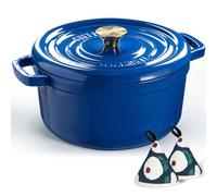 Overmont 26cm Enameled Cast Iron Dutch Oven - 5L Pot with Functional lid Cookbook & Cotton Potholders - Oven Safe up to 500° F, Sturdy Cookware for Braising, Stews, Roasting, Bread Baking, Dark Blue