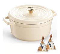 Overmont 26cm Enameled Cast Iron Dutch Oven - 5L Pot with Functional lid Cookbook & Cotton Potholders - Oven Safe up to 500° F, Sturdy Cookware for Braising, Stews, Roasting, Bread Baking, Cream White