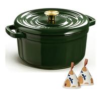Overmont 26cm Enameled Cast Iron Dutch Oven - 5L Pot with Functional lid Cookbook & Cotton Potholders - Oven Safe up to 500° F, Sturdy Cookware for Braising, Stews, Roasting, Bread Baking, Green