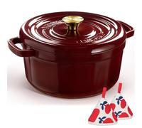 Overmont 26cm Enameled Cast Iron Dutch Oven - 5L Pot with Lid Cookbook & Cotton Potholders - Heavy-Duty Cookware for Braising, Stews, Roasting, Bread Baking burgundy, Wine Red