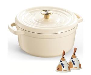 Overmont 26cm Enameled Cast Iron Dutch Oven - 5L Pot with Functional lid Cookbook & Cotton Potholders - Oven Safe up to 500° F, Sturdy Cookware for Braising, Stews, Roasting, Bread Baking, Cream White