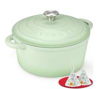 Overmont 28cm/6.6L Enamelled Cast Iron Dutch Oven Pot with Lid,7QT, Cookbook& Cotton Potholders -Non-stick Dutch Oven for Braising, Stews, Roasting, Bread Baking - Bean green