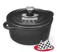 Overmont 28cm/6.6L Enamelled Cast Iron Round Casserole Dish With Lid,7QT, Cookbook -Non-stick Dutch Oven for Braising, Stews, Roasting, Bread Baking - Graphite gray