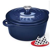 Overmont 28cm/6.6L Enamelled Cast Iron Round Casserole Dish With Lid,7QT, Cookbook -Non-stick Dutch Oven for Braising, Stews, Roasting, Bread Baking - Indigo