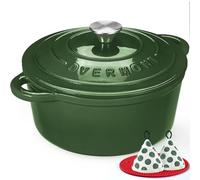Overmont 28cm/6.6L Enamelled Cast Iron Round Casserole Dish With Lid,7QT, Cookbook -Non-stick Dutch Oven for Braising, Stews, Roasting, Bread Baking - Highlighter green