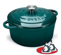 Overmont 28cm/6.6L Enamelled Cast Iron Round Casserole Pot, Bottle green | With Lid Cookbook & Cotton Potholders - Non-stick Dutch Oven Cookware for Braising, Stews, Roasting, Bread Baking, 7QT