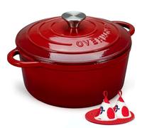 Overmont 28cm/6.6L Enamelled Cast Iron Round Casserole Pot, Cherry red | With Lid Cookbook & Cotton Potholders - Non-stick Dutch Oven Cookware for Braising, Stews, Roasting, Bread Baking 7QT