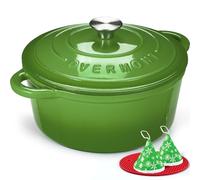 Overmont 7QT Enamelled Cast Iron Round Casserole Pot With Lid Cookbook & Cotton Potholders - Non-stick Dutch Oven Cookware for Braising, Stews, Roasting, Bread Baking - Forest green, 28cm