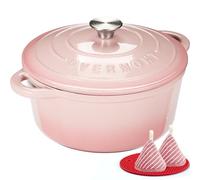 Overmont 6.6L Enamelled Cast Iron Round Casserole Pot With Lid Cookbook & Cotton Potholders - Non-stick Dutch Oven Cookware for Braising, Stews, Roasting, Bread Baking - Pink, 28cm