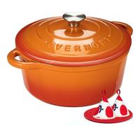Overmont 7QT Enamelled Cast Iron Round Casserole Pot With Lid Cookbook & Cotton Potholders - Non-stick Dutch Oven Cookware for Braising, Stews, Roasting, Bread Baking - Pumpkin, 28cm