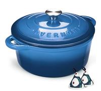 Overmont 7QT Enamelled Cast Iron Round Casserole Pot With Lid Cookbook & Cotton Potholders - Non-stick Dutch Oven Cookware for Braising, Stews, Roasting, Bread Baking - Sapphire blue, 28cm