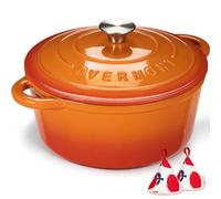 Overmont 7QT Enamelled Cast Iron Round Casserole Pot With Lid Cookbook & Cotton Potholders - Non-stick Dutch Oven Cookware for Braising, Stews, Roasting, Bread Baking - Pumpkin, 28cm
