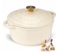 Overmont 6.6L Enamelled Cast Iron Round Casserole Pot With Lid Cookbook & Cotton Potholders - Non-stick Dutch Oven Cookware for Braising, Stews, Roasting, Bread Baking - White, 28cm