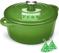 Overmont 7QT Enamelled Cast Iron Round Casserole Pot With Lid Cookbook & Cotton Potholders - Non-stick Dutch Oven Cookware for Braising, Stews, Roasting, Bread Baking - Forest green, 28cm