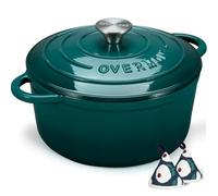 Overmont 28cm/6.6L Enamelled Cast Iron Round Casserole Pot With Lid Cookbook & Cotton Potholders - Non-stick Dutch Oven Cookware for Braising, Stews, Roasting, Bread Baking - Bottle green, 7QT