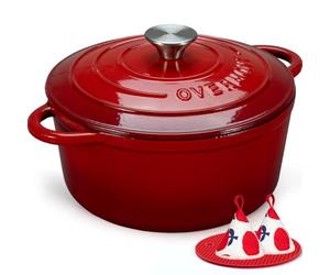 Overmont 28cm/6.6L Enamelled Cast Iron Round Casserole Pot With Lid Cookbook & Cotton Potholders - Non-stick Dutch Oven Cookware for Braising, Stews, Roasting, Bread Baking - Cherry red, 7QT