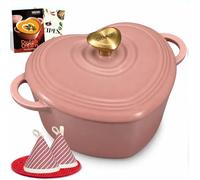 Overmont 2L Enamelled Cast Iron Dutch Oven - Heart-Shaped Casserole Dish with Lid - 2QT Mini Pot, Oven Safe to 260°C for Baking Bread, Soups & Stews - Gift for Wedding Birthday Housewarming, Rose Pink