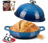 Overmont Enameled Cast Iron Bread Oven - 6QT Dutch Oven for Sourdough Bread Baking - with Dome Lid Cotton Potholders & Cookbook -Multi-Functional Bread Pan For Baking Frying Roasting,Blue