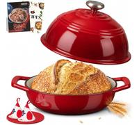 Overmont 26cm Enameled Cast Iron Bread Oven - 6QT Dutch Oven Pot for Sourdough Bread Baking - Dome Lid, Cotton Potholders & Cookbook Included, Multi-Functional for Baking,Red