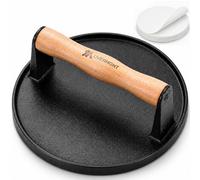 Overmont 7" Round Smash Burger Press - Cast Iron Smasher with Patty Paper | Heavy-Duty Hamburger Bacon Meat Press with Wood Handle Flat Bottom, Pre-Seasoned Heat Resistant for Griddle Grill BBQ