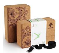 Overmont Cork Yoga Blocks 2 pack with 8ft Strap Set Natural Cork Yoga Bricks- High Density & Eco Friendly Yoga Accessories for Women - Ideal for Yoga Pilates General Fitness and Stretching 9x6x3''