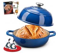 Overmont Enameled Cast Iron Bread Oven - 6QT Dutch Oven for Sourdough Bread Baking - with Dome Lid Cotton Potholders & Cookbook -Multi-Functional Bread Pan For Baking Frying Roasting,Blue