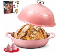Overmont Enameled Cast Iron Bread Oven - 6QT Dutch Oven for Sourdough Bread Baking - with Dome Lid Cotton Potholders & Cookbook -Multi-Functional Bread Pan For Baking Frying Roasting,Pink
