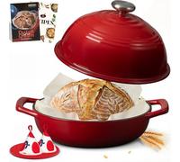 Overmont Enameled Cast Iron Bread Oven - 6QT Dutch Oven for Sourdough Bread Baking - with Dome Lid Cotton Potholders & Cookbook -Multi-Functional Bread Pan For Baking Frying Roasting,Red