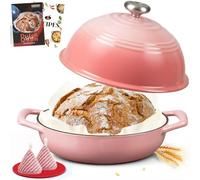 Overmont Enameled Cast Iron Bread Oven - 6QT Dutch Oven for Sourdough Bread Baking - with Dome Lid Cotton Potholders & Cookbook -Multi-Functional Bread Pan For Baking Frying Roasting,Pink