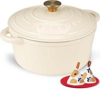 Overmont 4.2L Enamelled Cast Iron Round Casserole Pot With Lid Cookbook & Cotton Potholders - Non-stick Dutch Oven Cookware for Braising, Stews, Roasting, Bread Baking - White, 24cm