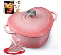 Overmont Enamelled Cast Iron Dutch Oven - Heart-Shaped Casserole Dish with Lid - 2QT Mini Pot, Oven Safe to 500°F for Baking Bread, Soups & Stews - Gift for Wedding Birthday Housewarming, Pink
