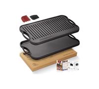 OVERMONT Pre-Seasoned Cast Iron Reversible Griddle Grill Pan with Handles for Gas Stovetop Open Fire Oven, 43.18 * 24.89CM (17x9.8) - One Tray, Scrapers Included