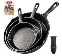 OVERMONT Pre-Seasoned Cast Iron Skillet Set?(9.6Inch-24.5cm) (7.7Inch-19.5cm) (6Inch-15.24cm) Frying Pans Oven Pot Safe Cookware for Indoor, Barbecue,