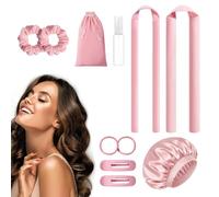 Overnight Hair Rollers, Heatless Curls Band for Natural Waves Without Heat Damage, 2 Sizes Curler Set with Sleep Cap and Hair Clips for Long and Medium Length Hair, Pink