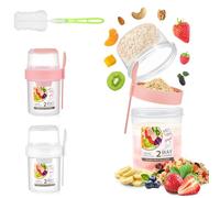 Overnight Oats Container with Lip - 2 PCS Yoghurt Pots - Breakfast on the Go Containers with Mini Cup Brush- Cereal Cup - Cereal and Milk On The Go Container - Overnight Jar for Outdoor (Pink&White)