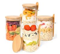 Overnight Oats Containers with Lids,4 Pack 18oz Overnight Oats Jars with Spoons,Salad Meal Prep Jar with Bamboo Lids for Chia Seed Pudding Salad Cereal Coffee Flour,Sourdough Starter Jar for Bread