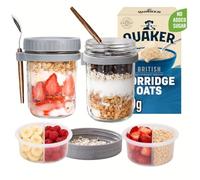 Overnight Oats Jar Breakfast Pots (12oz) - Glass Mason Jars with Lid & Spoon for Chia, Yogurt, Granola & Cereal Airtight Meal Prep Container with Measurement Mark Bundled with 500g Quaker Rolled Oats
