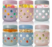 Overnight Oats Jar Container set 6, 480ml Glass Mason Jars with Lids and Protective Silicone Sleeve, Cereal Milk Vegetable Fruit Salad Jam Protein Porridge Storage Containers, Breakfast Pots with Lid