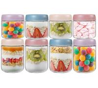 Overnight Oats Jar Container set 8, Glass Mason Jars with Lids, 4Pc 480ml and 4Pc 360ml Cereal Milk Vegetable Fruit Salad Jam Protein Porridge Clear Storage Containers, Breakfast Pots with Lid