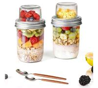 Overnight Oats Jar with Lids 500ml + 100ml, 2 Pack Glass Overnight Oats Container, Dual-Layer Yoghurt Pots with Spoon for Dry-Wet Separation, Breakfast Pots for Cereal Fruit Yoghurt Salad & Meal Prep