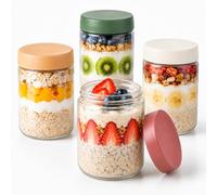 Overnight Oats Jars, 4 Pack 500ml Glass Containers with Lids for Meal Prep | Wide Opening Airtight Silicone Seal Stackable Multi-Coloured Design